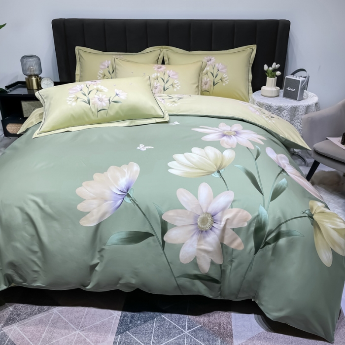 91家纺网 家纺一手货源 找家纺 金爱家 2023新款大版13372全棉花卉系列四件套薇曼-绿