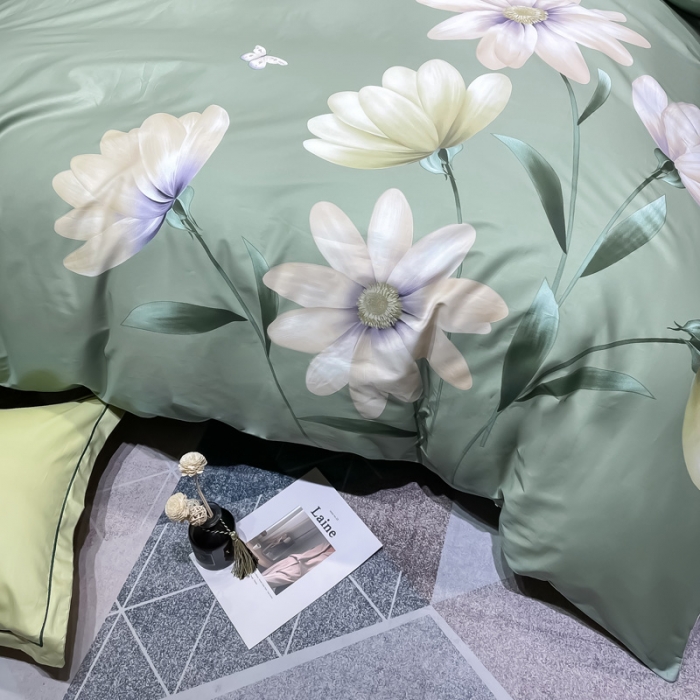 91家纺网 家纺一手货源 找家纺 金爱家 2023新款大版13372全棉花卉系列四件套薇曼-绿