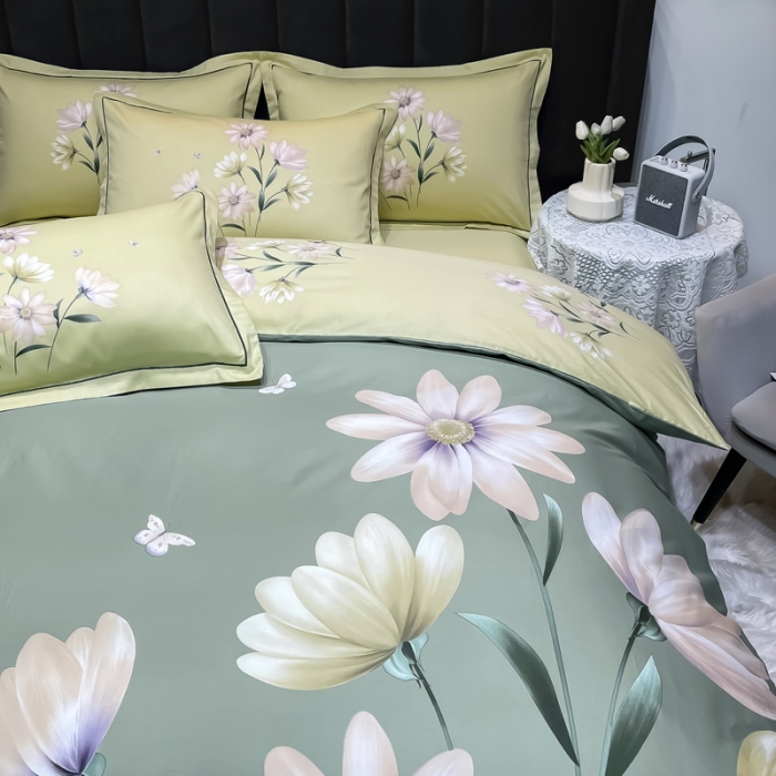 91家纺网 家纺一手货源 找家纺 金爱家 2023新款大版13372全棉花卉系列四件套薇曼-绿