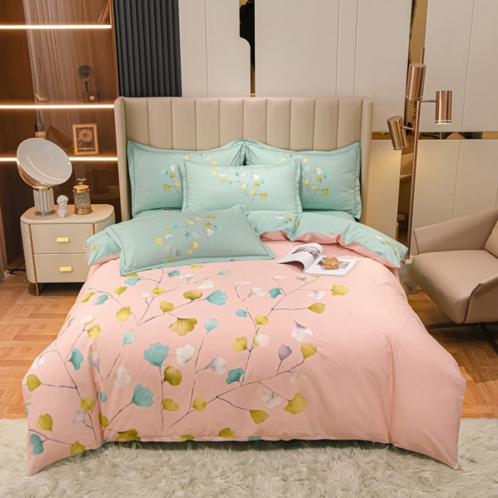 91家纺网 家纺一手货源 找家纺 金爱家2023新款大版13372全棉花卉系列四件套叶灵歌-粉