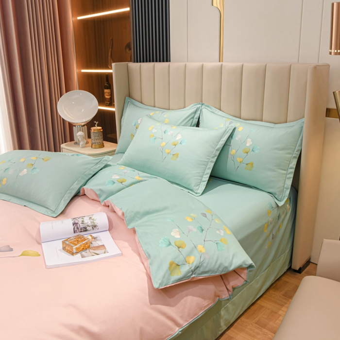 91家纺网 家纺一手货源 找家纺 金爱家2023新款大版13372全棉花卉系列四件套叶灵歌-粉