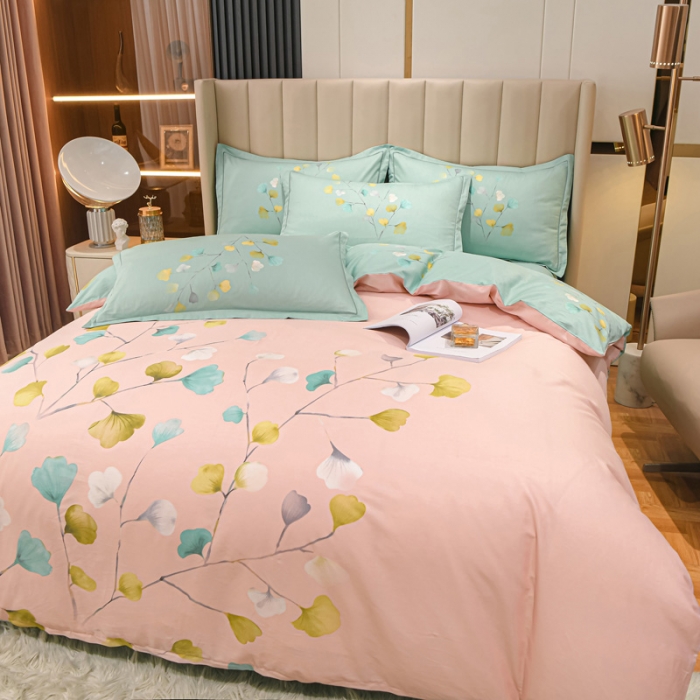 91家纺网 家纺一手货源 找家纺 金爱家2023新款大版13372全棉花卉系列四件套叶灵歌-粉