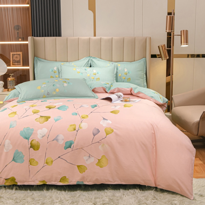 91家纺网 家纺一手货源 找家纺 金爱家2023新款大版13372全棉花卉系列四件套叶灵歌-粉