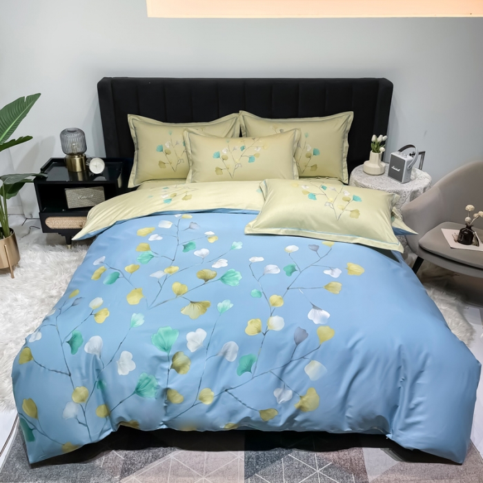 91家纺网 家纺一手货源 找家纺 金爱家2023新款大版13372全棉花卉系列四件套叶灵歌-蓝