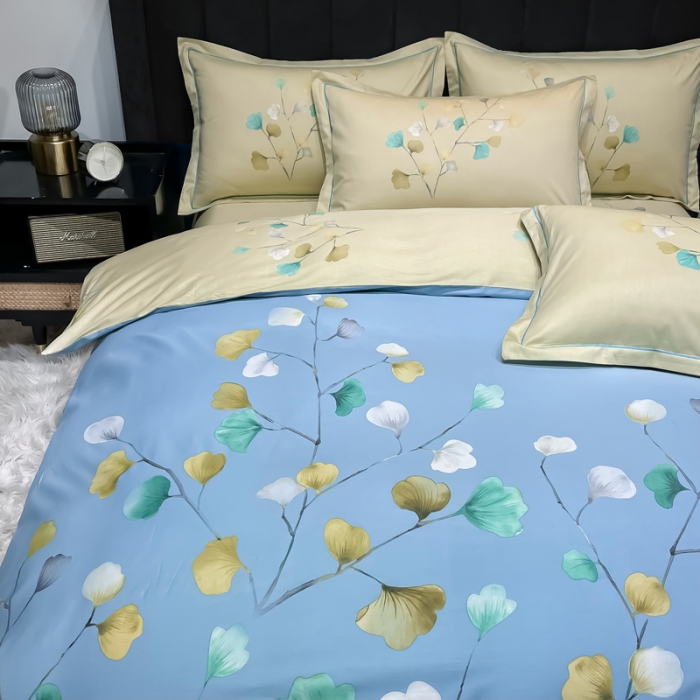 91家纺网 家纺一手货源 找家纺 金爱家2023新款大版13372全棉花卉系列四件套叶灵歌-蓝