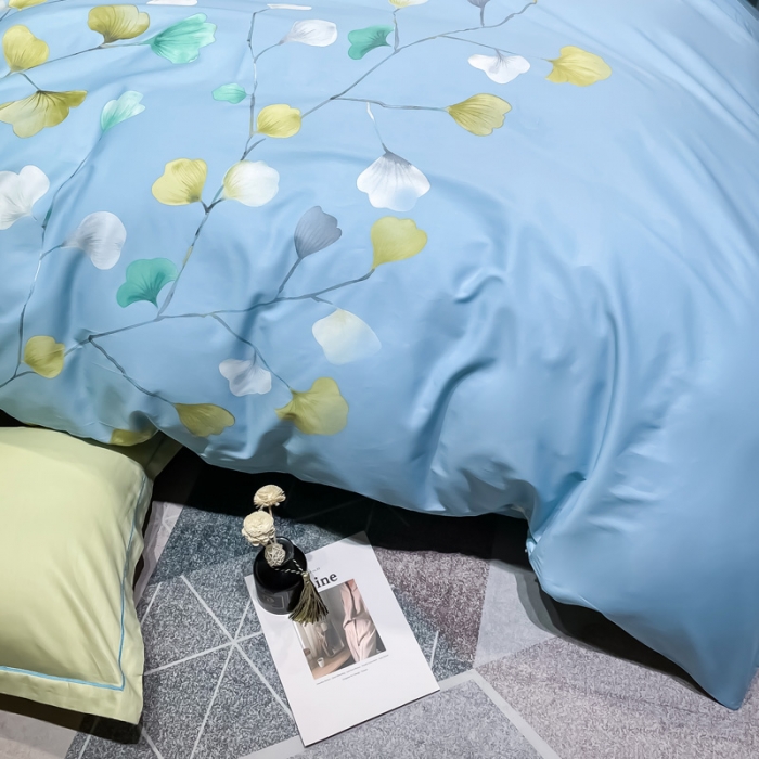 91家纺网 家纺一手货源 找家纺 金爱家2023新款大版13372全棉花卉系列四件套叶灵歌-蓝