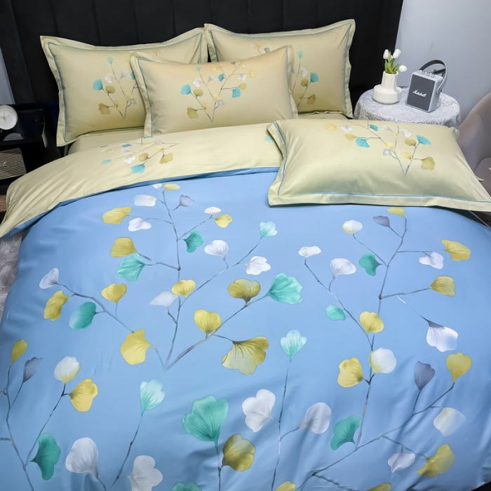 91家纺网 家纺一手货源 找家纺 金爱家2023新款大版13372全棉花卉系列四件套叶灵歌-蓝