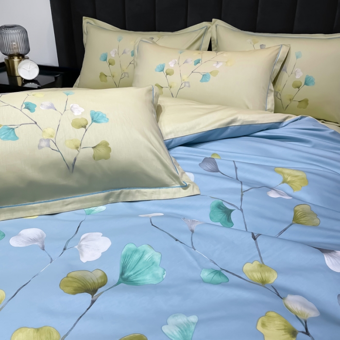 91家纺网 家纺一手货源 找家纺 金爱家2023新款大版13372全棉花卉系列四件套叶灵歌-蓝