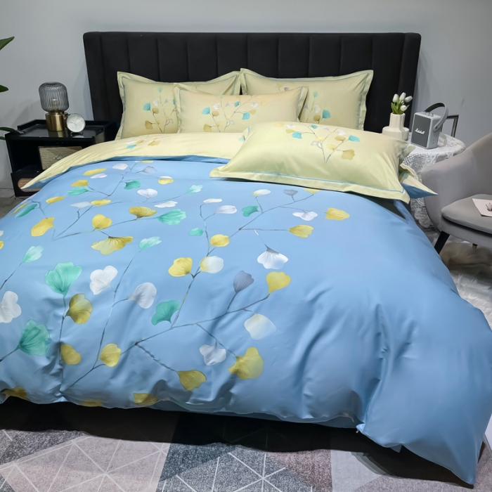 91家纺网 家纺一手货源 找家纺 金爱家2023新款大版13372全棉花卉系列四件套叶灵歌-蓝