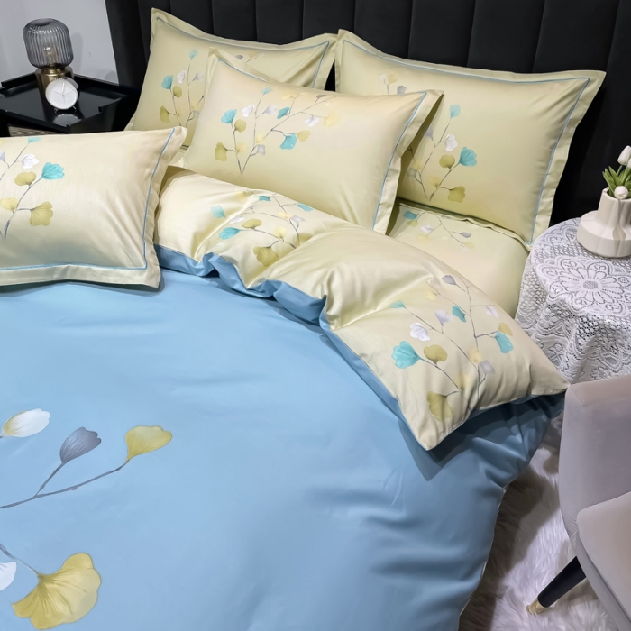 91家纺网 家纺一手货源 找家纺 金爱家2023新款大版13372全棉花卉系列四件套叶灵歌-蓝