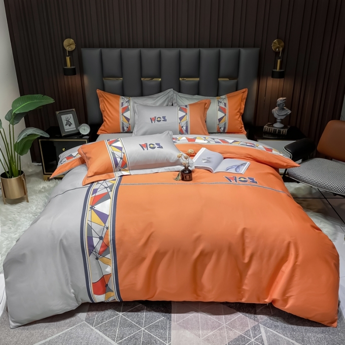 91家纺网 家纺一手货源 找家纺 金爱家 2023新款全棉13372简约条格四件套安雅桔