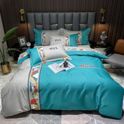 91家纺网 家纺一手货源 找家纺 金爱家 2023新款全棉13372简约条格四件套安雅蓝