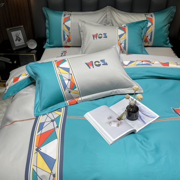 91家纺网 家纺一手货源 找家纺 金爱家 2023新款全棉13372简约条格四件套安雅蓝