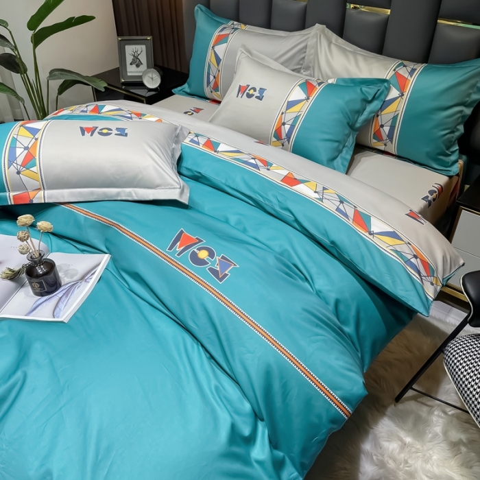 91家纺网 家纺一手货源 找家纺 金爱家 2023新款全棉13372简约条格四件套安雅蓝