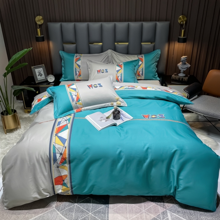 91家纺网 家纺一手货源 找家纺 金爱家 2023新款全棉13372简约条格四件套安雅蓝