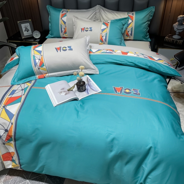 91家纺网 家纺一手货源 找家纺 金爱家 2023新款全棉13372简约条格四件套安雅蓝