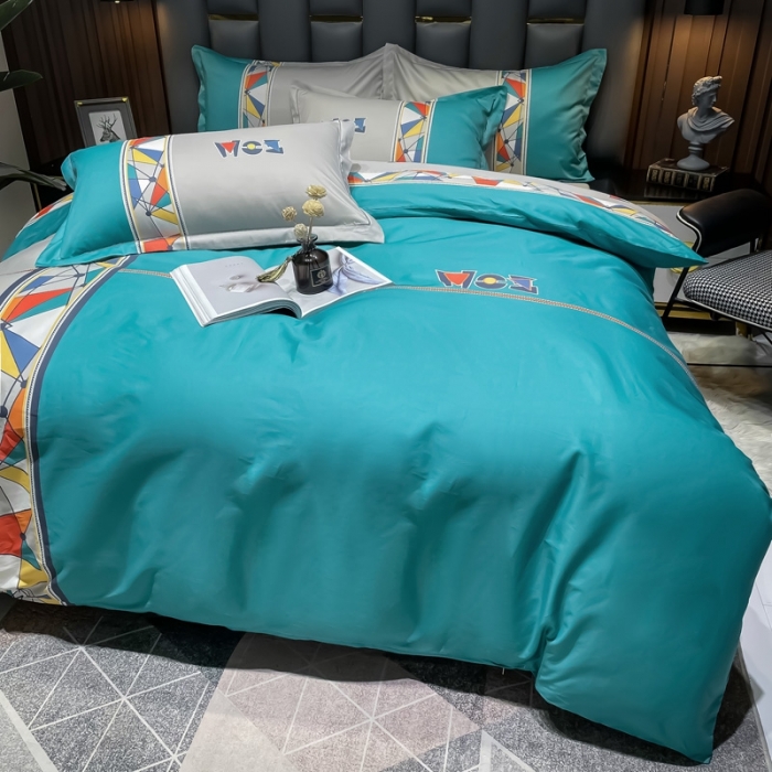 91家纺网 家纺一手货源 找家纺 金爱家 2023新款全棉13372简约条格四件套安雅蓝