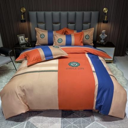 91家纺网 家纺一手货源 找家纺 金爱家 2023新款全棉13372简约条格四件套洛可可桔