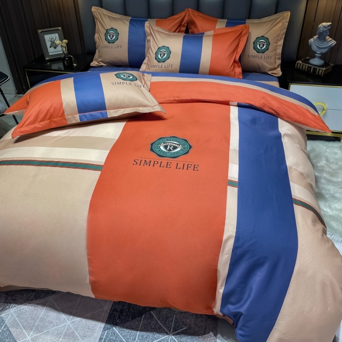 91家纺网 家纺一手货源 找家纺 金爱家 2023新款全棉13372简约条格四件套洛可可桔