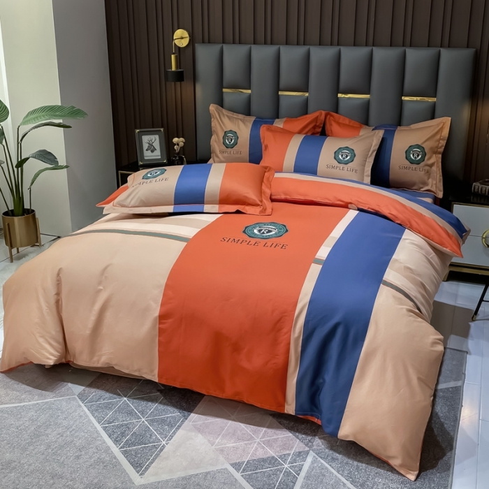 91家纺网 家纺一手货源 找家纺 金爱家 2023新款全棉13372简约条格四件套洛可可桔