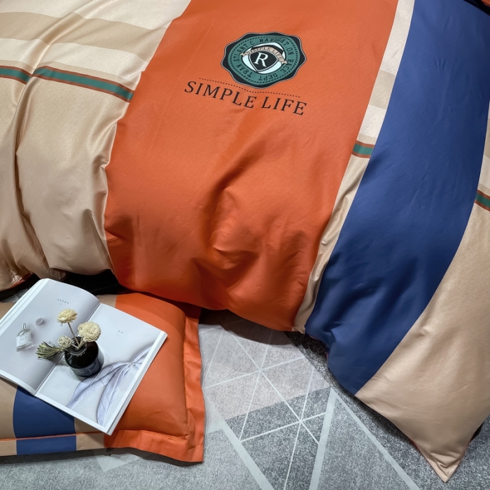 91家纺网 家纺一手货源 找家纺 金爱家 2023新款全棉13372简约条格四件套洛可可桔