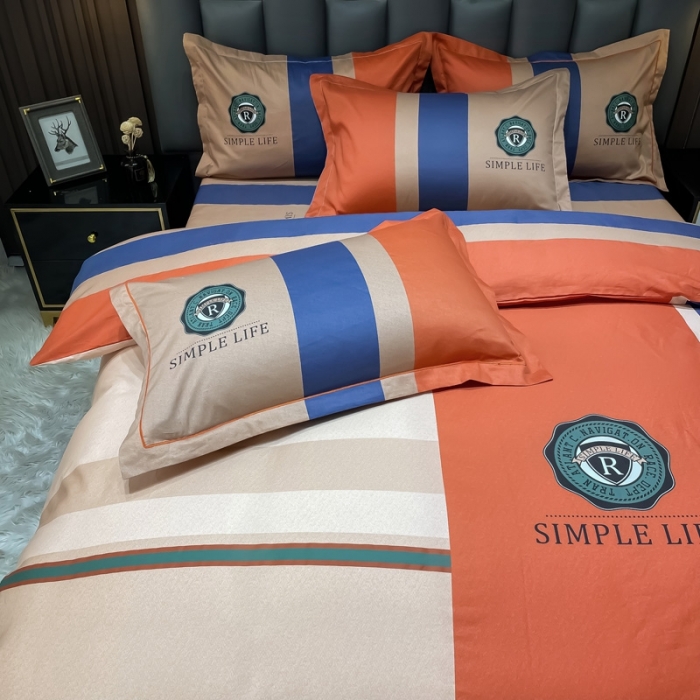 91家纺网 家纺一手货源 找家纺 金爱家 2023新款全棉13372简约条格四件套洛可可桔