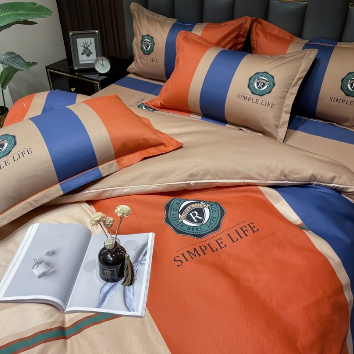 91家纺网 家纺一手货源 找家纺 金爱家 2023新款全棉13372简约条格四件套洛可可桔