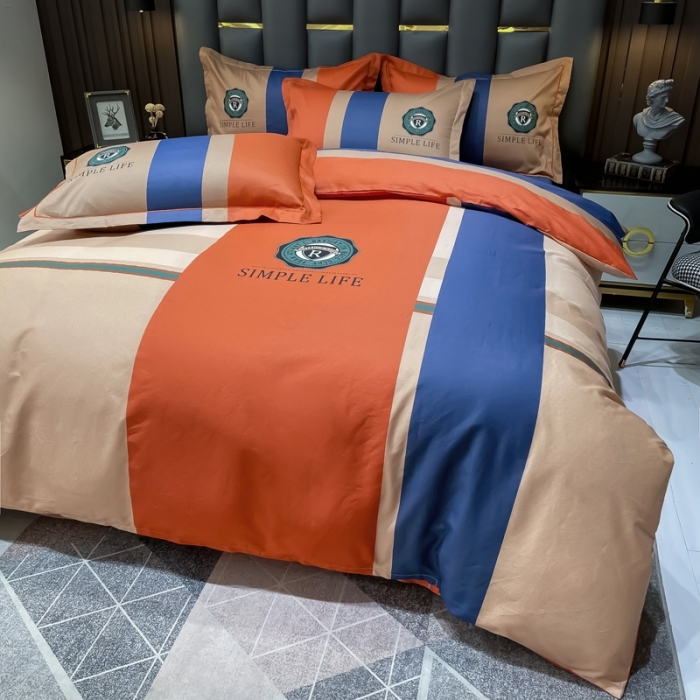 91家纺网 家纺一手货源 找家纺 金爱家 2023新款全棉13372简约条格四件套洛可可桔