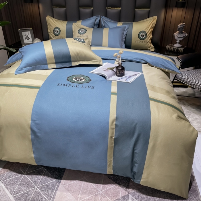 91家纺网 家纺一手货源 找家纺 金爱家 2023新款全棉13372简约条格四件套洛可可蓝