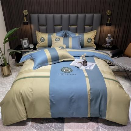 金爱家 2023新款全棉13372简约条格四件套洛可可蓝