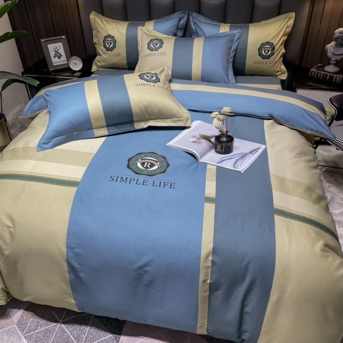 91家纺网 家纺一手货源 找家纺 金爱家 2023新款全棉13372简约条格四件套洛可可蓝