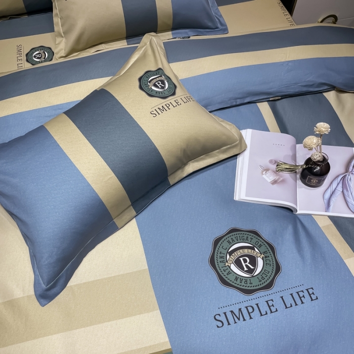 91家纺网 家纺一手货源 找家纺 金爱家 2023新款全棉13372简约条格四件套洛可可蓝