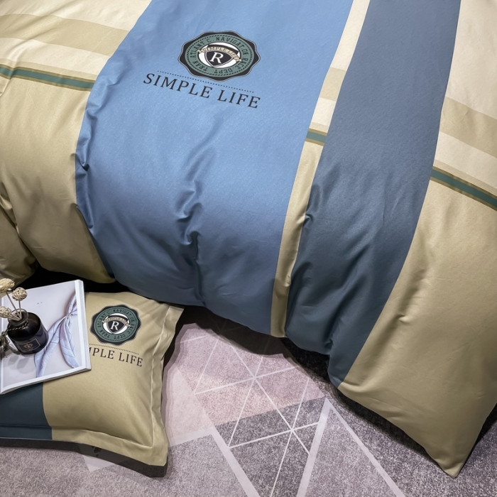 91家纺网 家纺一手货源 找家纺 金爱家 2023新款全棉13372简约条格四件套洛可可蓝