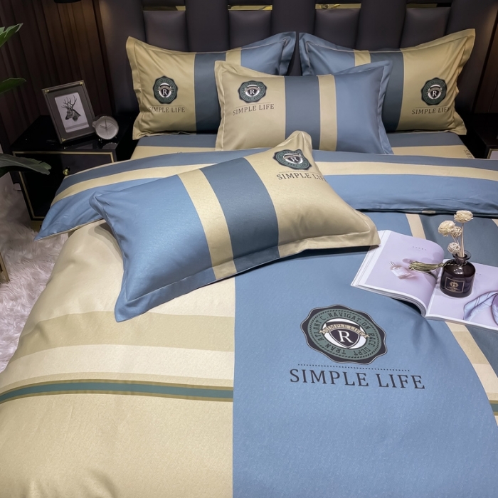 91家纺网 家纺一手货源 找家纺 金爱家 2023新款全棉13372简约条格四件套洛可可蓝