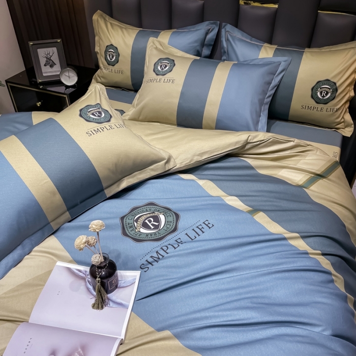 91家纺网 家纺一手货源 找家纺 金爱家 2023新款全棉13372简约条格四件套洛可可蓝