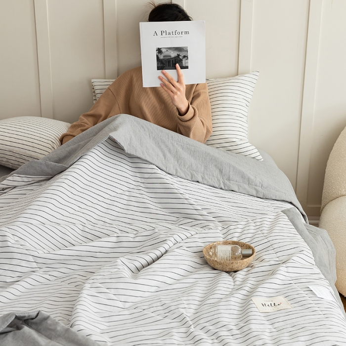 91家纺网 家纺一手货源 找家纺 寐眠2022全棉色织水洗棉夏被子被芯夏凉被四件套-羽丝棉 白细条