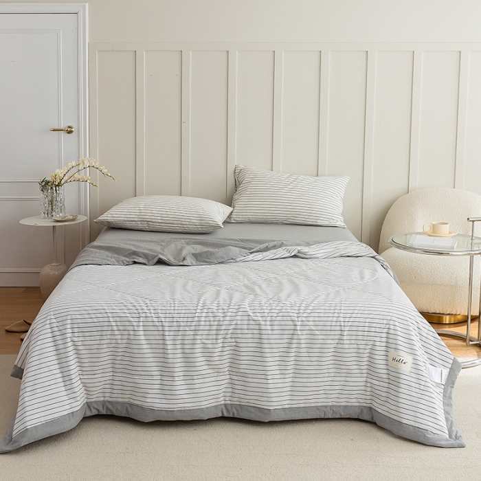 91家纺网 家纺一手货源 找家纺 寐眠2022全棉色织水洗棉夏被子被芯夏凉被四件套-羽丝棉 白细条