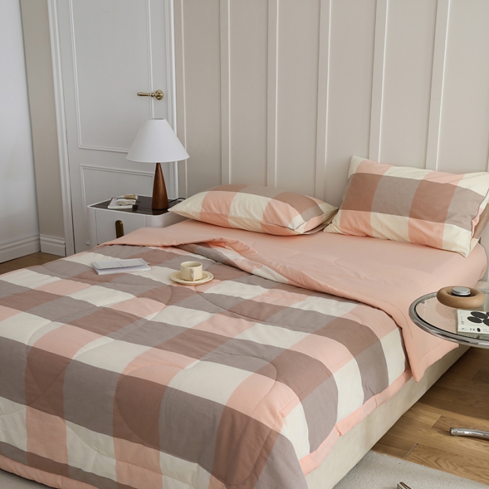 91家纺网 家纺一手货源 找家纺 寐眠2022全棉色织水洗棉夏被子被芯夏凉被四件套-羽丝棉 粉大格