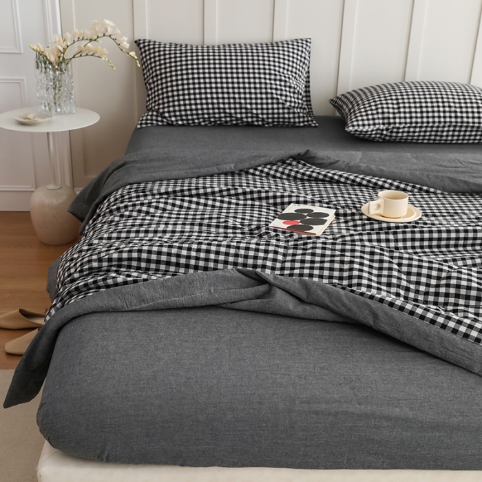 91家纺网 家纺一手货源 找家纺 寐眠2022全棉色织水洗棉夏被子被芯夏凉被四件套-羽丝棉 黑白小格