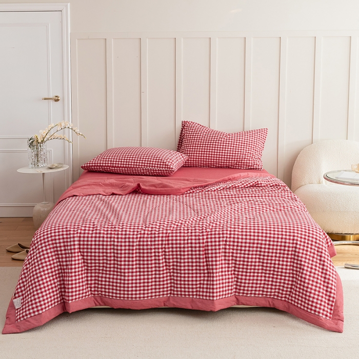 91家纺网 家纺一手货源 找家纺 寐眠2022全棉色织水洗棉夏被子被芯夏凉被四件套-羽丝棉 红小格