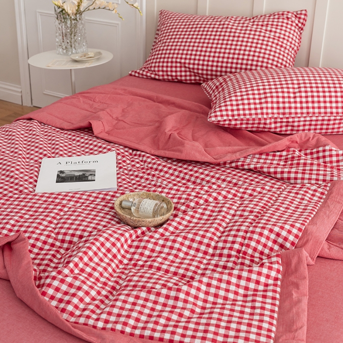 91家纺网 家纺一手货源 找家纺 寐眠2022全棉色织水洗棉夏被子被芯夏凉被四件套-羽丝棉 红小格