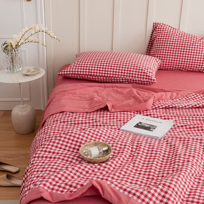 91家纺网 家纺一手货源 找家纺 寐眠2022全棉色织水洗棉夏被子被芯夏凉被四件套-羽丝棉 红小格