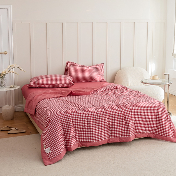 91家纺网 家纺一手货源 找家纺 寐眠2022全棉色织水洗棉夏被子被芯夏凉被四件套-羽丝棉 红小格