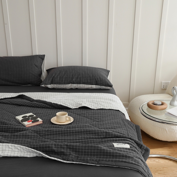 91家纺网 家纺一手货源 找家纺 寐眠2022全棉色织水洗棉夏被子被芯夏凉被四件套-羽丝棉灰白格双拼