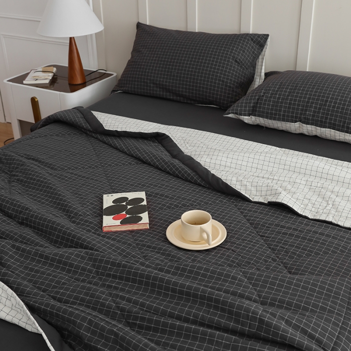 91家纺网 家纺一手货源 找家纺 寐眠2022全棉色织水洗棉夏被子被芯夏凉被四件套-羽丝棉灰白格双拼