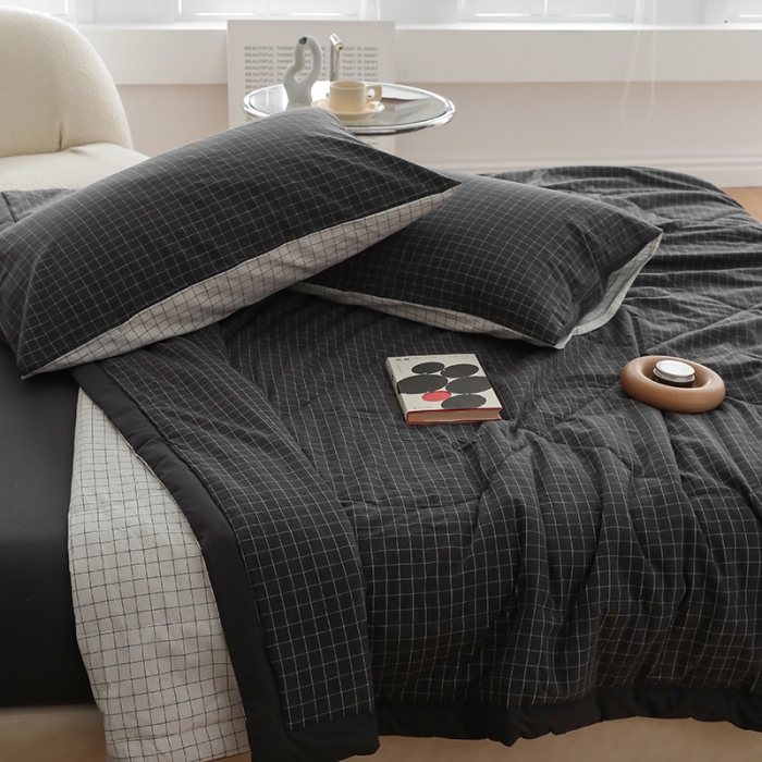 91家纺网 家纺一手货源 找家纺 寐眠2022全棉色织水洗棉夏被子被芯夏凉被四件套-羽丝棉灰白格双拼