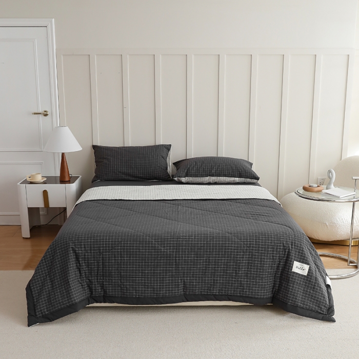 91家纺网 家纺一手货源 找家纺 寐眠2022全棉色织水洗棉夏被子被芯夏凉被四件套-羽丝棉灰白格双拼