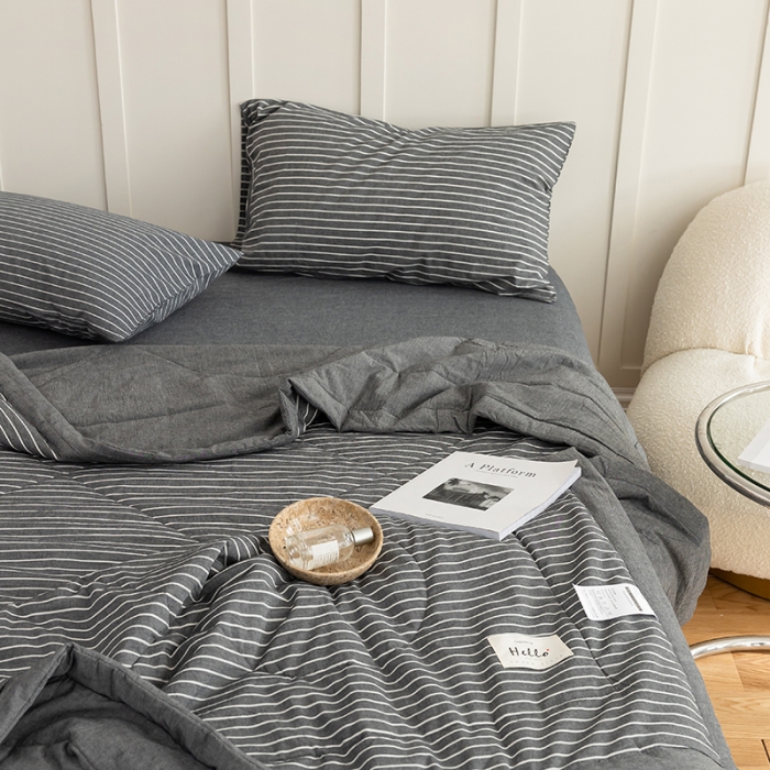 91家纺网 家纺一手货源 找家纺 寐眠2022全棉色织水洗棉夏被子被芯夏凉被四件套-羽丝棉 灰细条