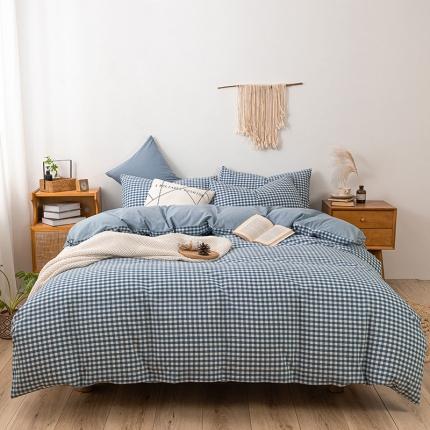 91家纺网 家纺一手货源 找家纺 ab家纺 2022新款全棉水洗棉四件套 蓝小格