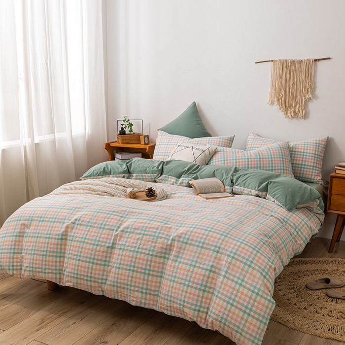 91家纺网 家纺一手货源 找家纺 ab家纺 2022新款全棉水洗棉四件套 冰淇凌绿